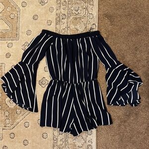 Navy and White Striped Long Sleeve Romper